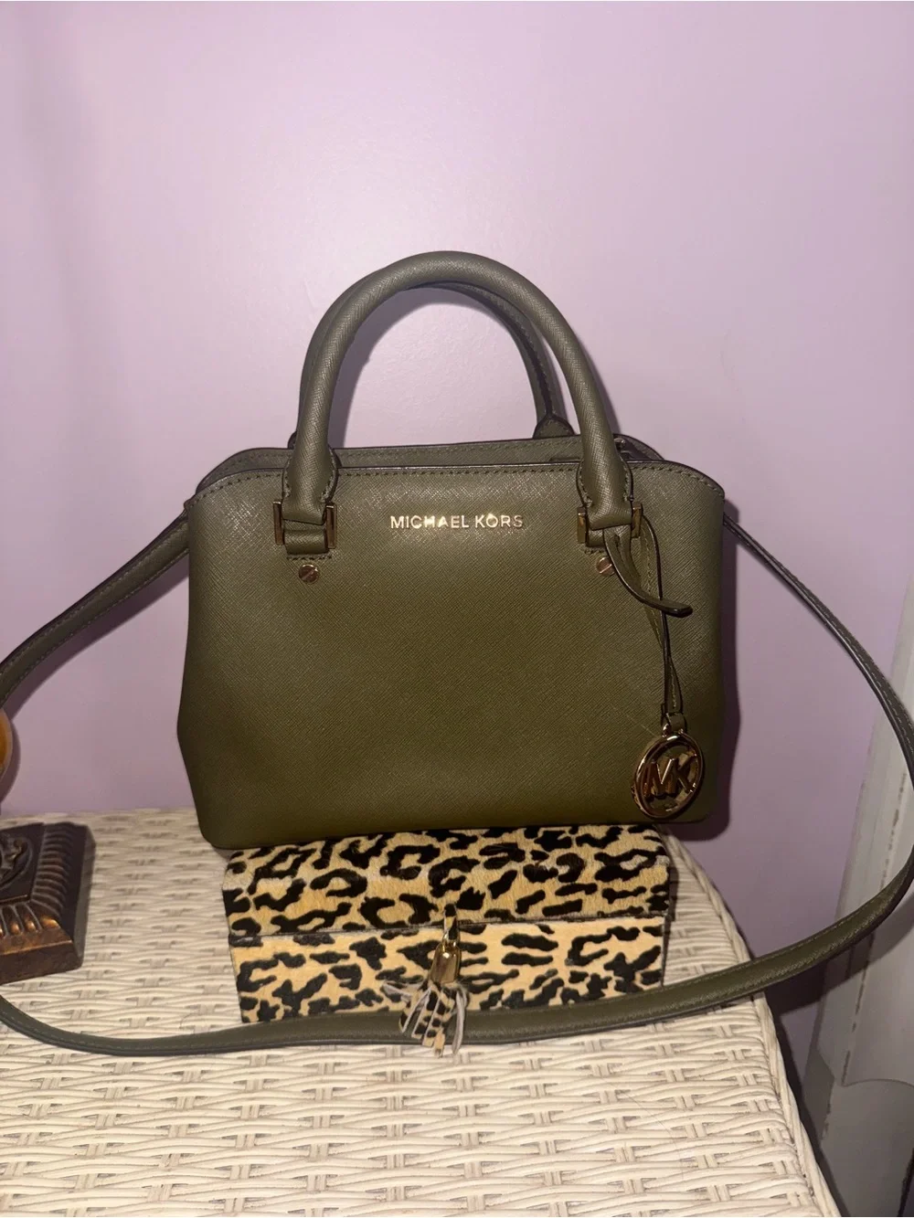 Michael Kors Olive Saffiano Satchel with Gold Hardware